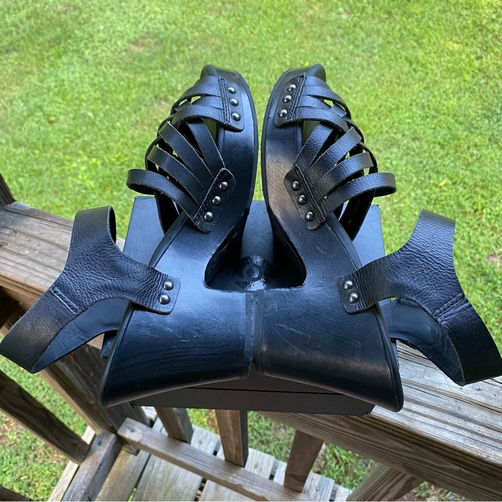 ✅ Korks Wooden Platform Wedge Heels Black Leather Strappy Womens‎ size 10